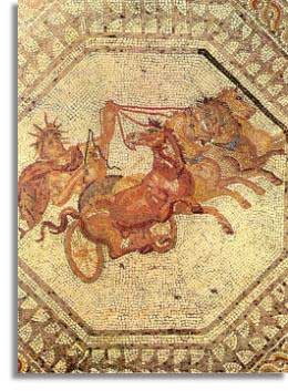 Apollo, sun god, in his chariot drawn by four horses