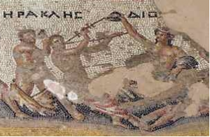 Greek gods Herakles and Dionysus on a mosaic floor at Sepphoris, Israel (3rd-4th cents. CE/AD)