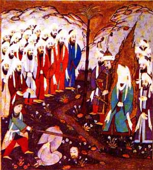 Mohammed with his followers enjoying a beheading; Turkish text 'Siyer-i Nebi,' 1338